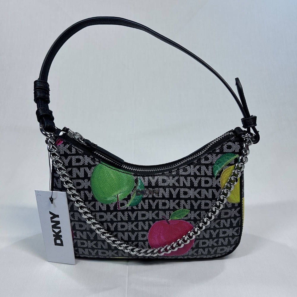 DKNY Lee Apple  Baguette Shoulder Bag‎ Logo Black Fruit Purse Silver Chain NWT
